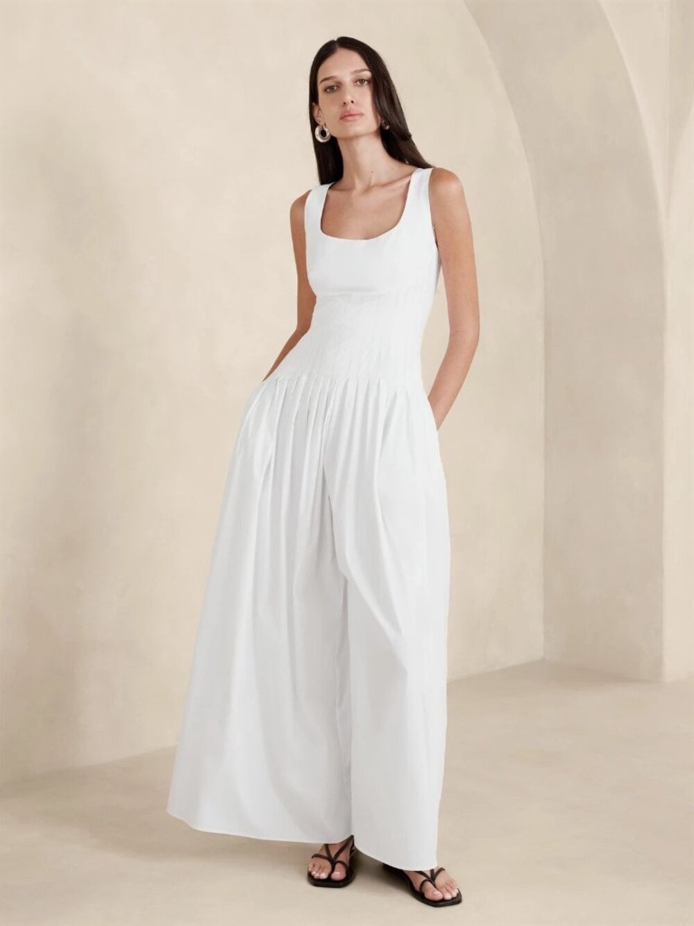 Line & Dot White Wide-Leg Sleeveless Jumpsuit With Smocked Back Size Small - Picture 4 of 14
